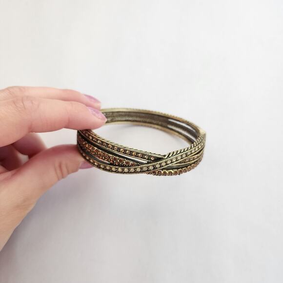 Heidi Daus Bangle Bracelet Hinge Old Gold Bronze White Crystal Age Of elegance - Picture 2 of 8